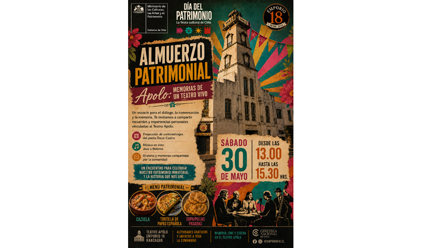 Apolo: Memorias de un teatro vivo es un almuerzo patrimonial que invita a la comunidad a compartir recuerdos, experiencias y relatos en torno a la historia del Teatro Apolo de Rancagua. 
