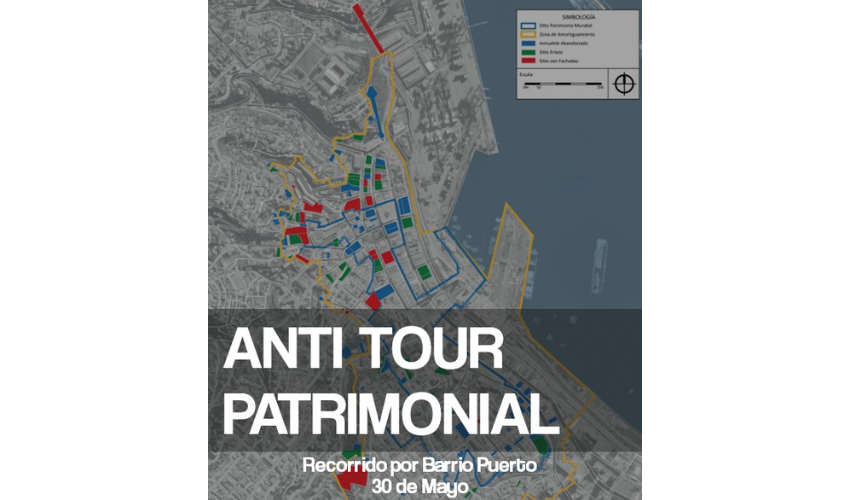 Afiche de Antitour Patrimonial. Imagen basada en el plano actualizado del SPM de Valparaíso con una simbología en relación a su estado de conservación. 