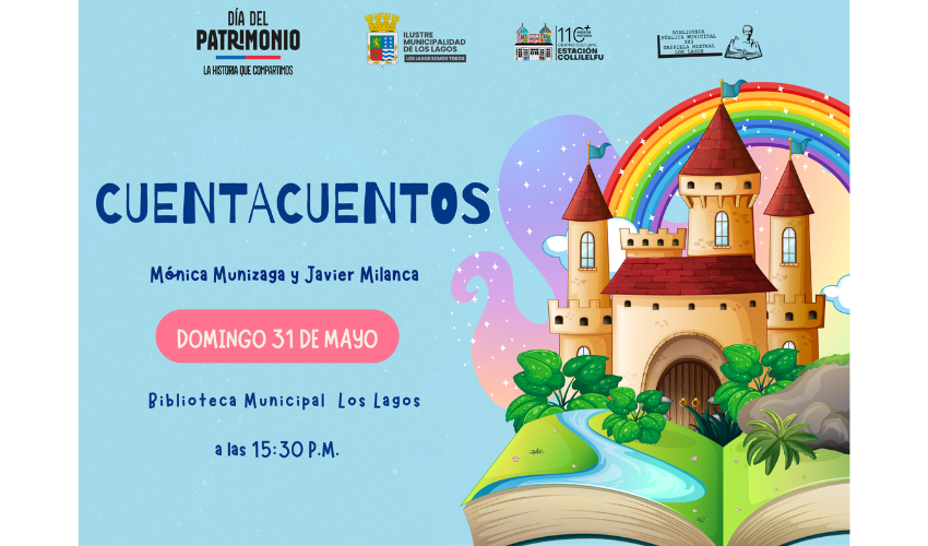 Fotografía promocional de “cuentacuentos” en Los Lagos. Fondo con tonos fríos y gráficos de cuentos. El texto indica fecha, hora y lugar del evento, junto con el logotipo de la Municipalidad de Los Lagos.