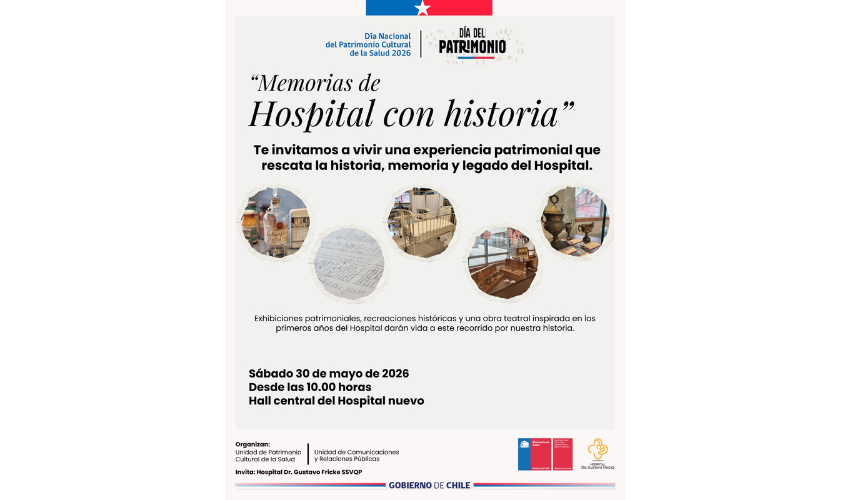 El afiche quedó muy atractivo visualmente, con una línea elegante y patrimonial que transmite muy bien la identidad histórica del Hospital Dr. Gustavo Fricke. La combinación de fotografías antiguas, tipografía clásica y el mensaje central logra invitar a la comunidad de manera cercana y cultural.