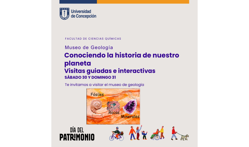 Invitación a personas recorren el Museo de Geología de la Universidad de Concepción observando minerales, fósiles y participando en actividades interactivas.
