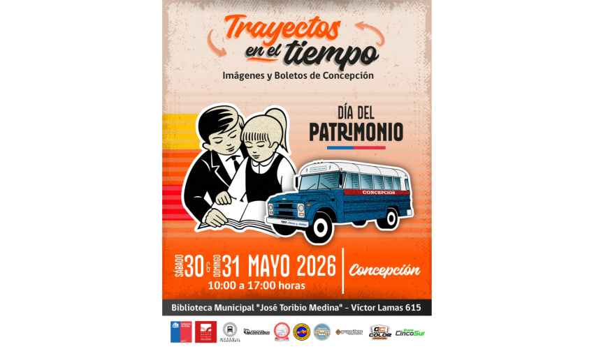 imagen con el título del evento, un microbus y una pareja de estudiantes que es parte del boleto escolar de la locomoción