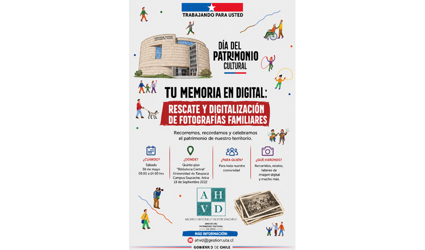 Afiche del Día del Patrimonio 2026 con ilustraciones culturales, colores vivos y texto informativo que invita a participar en actividades patrimoniales.