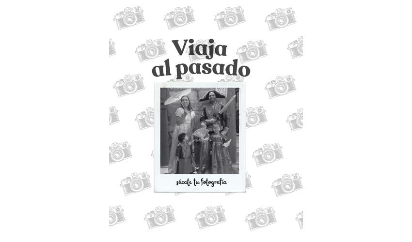 imagen con fotografía de familia disfrazada con vestimenta colonial y soldado Batalla de Maipú, y texto que dice viaja al pasado