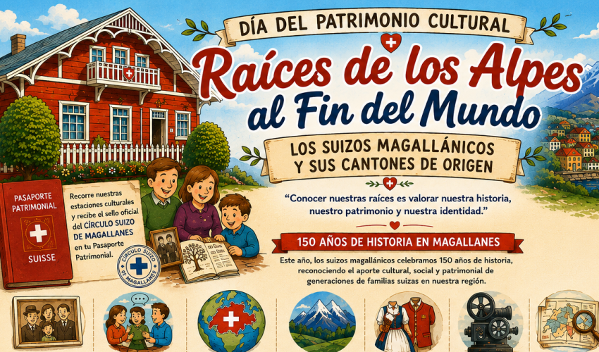 La actividad patrimonial “Raíces de los Alpes al Fin del Mundo: Los Suizos Magallánicos y sus Cantones de Origen” será un recorrido cultural e interactivo que permitirá conocer la historia, tradiciones y legado de las familias suizas en Magallanes